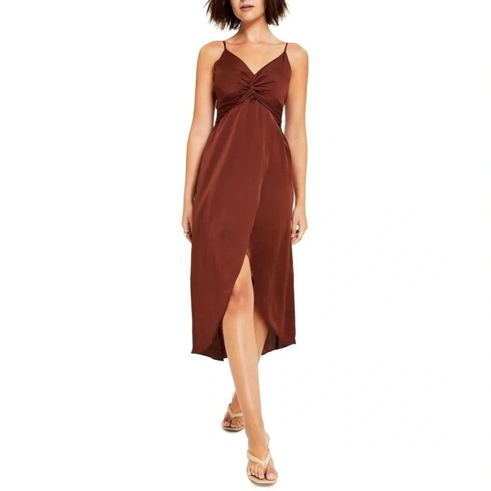 Bar III Formal Rich Copper Brown Twist Front midi Dress, woman’s midi dress